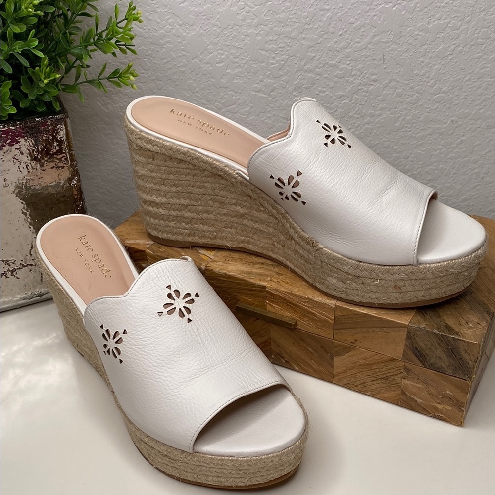 Kate Spade Tenley Espadrille Wedge Leather Platform Sandals‎ In White Size 7.5